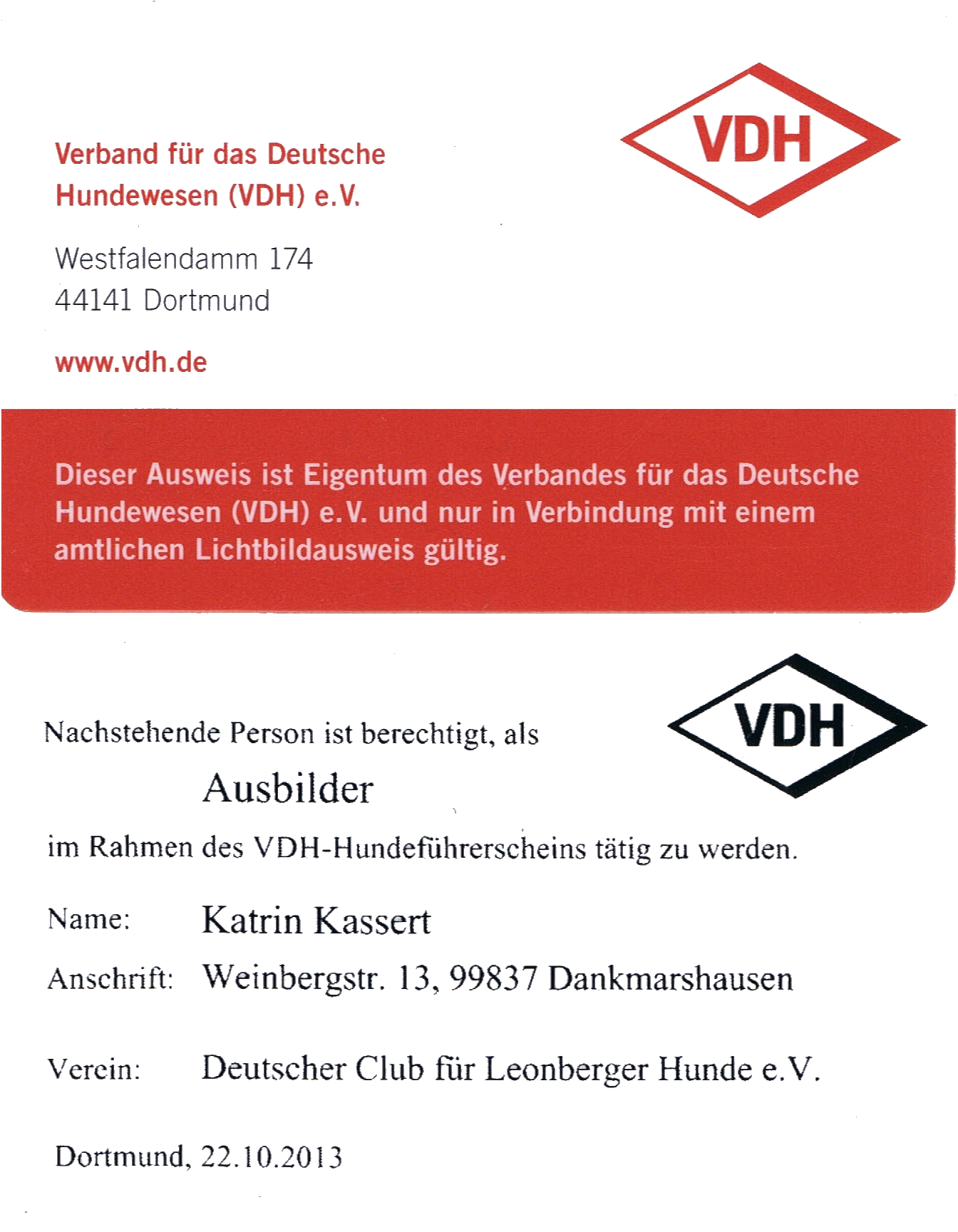 VDH Ausbilder Ausweis KK